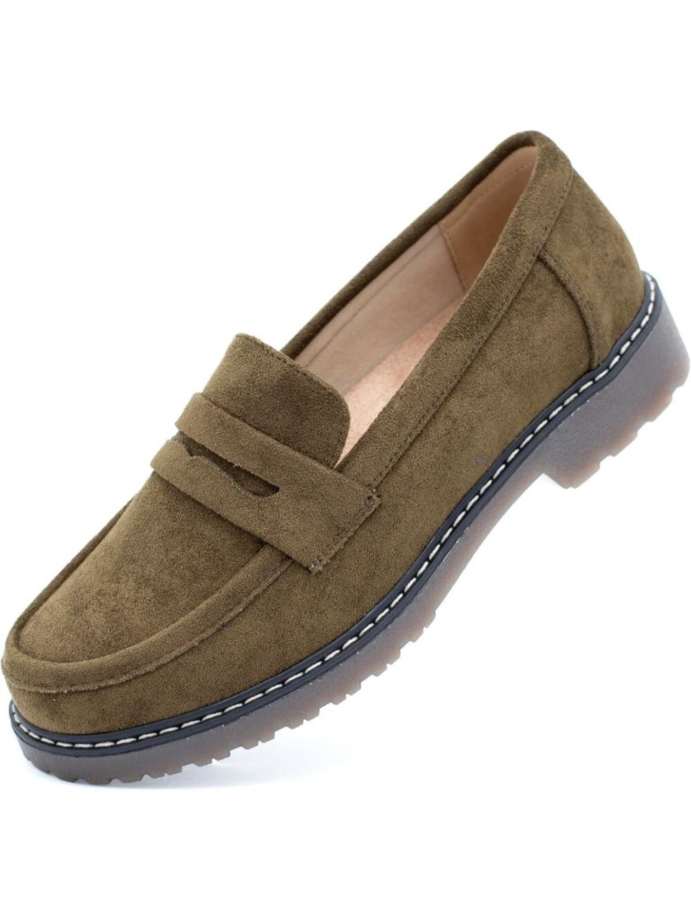 🆕Women's Suede Green Chunky Loafers Platform Comfortable Slip-On Dressy